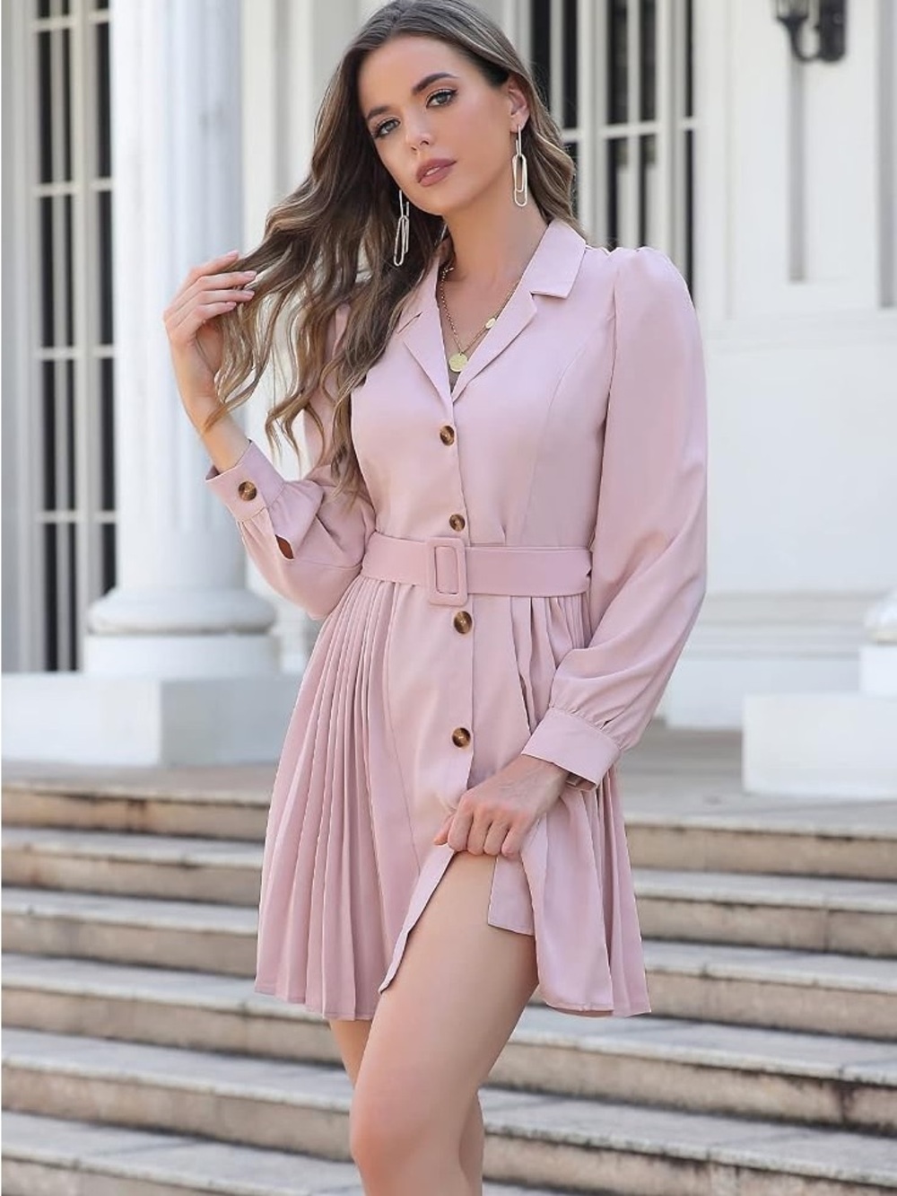 Women's Long-Sleeve Pleated Belted Shirt Dress in Light Pink